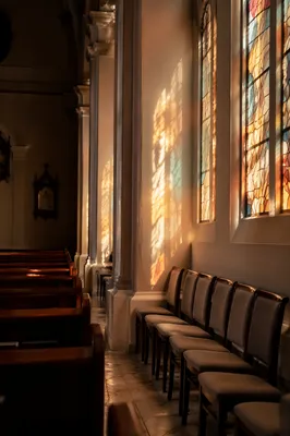 Sunlit Church Pews by Stained Glass