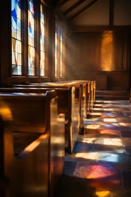 Sunlit Chapel Pews with Stained Glass