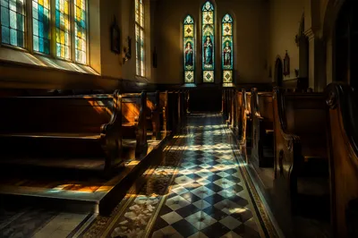 Sunlit Church Pews with Stained Glass