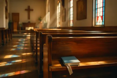Sunlit Chapel Pews with Stained Glass
