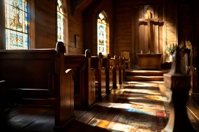 Sunlit Chapel Pews with Stained Glass