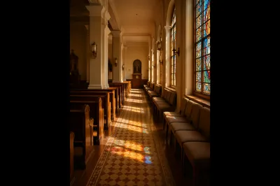 Sunlit Chapel Aisle with Wooden Pews