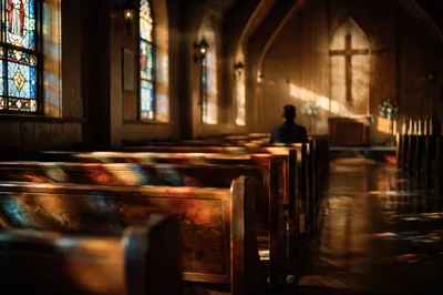 Sunlit Chapel Pews with Stained Glass
