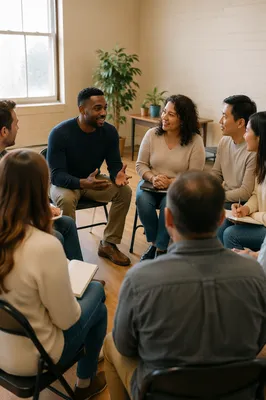 Diverse Adults Meeting in Bright Community Room