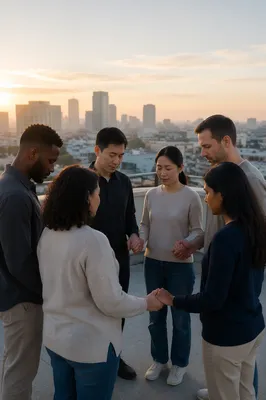 Diverse Team Praying on City Rooftop
