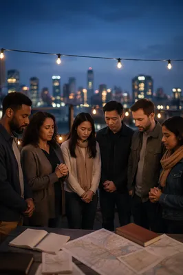 Diverse Team Praying on City Rooftop