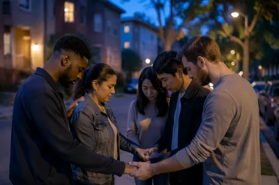 Multicultural Group Praying on City Sidewalk