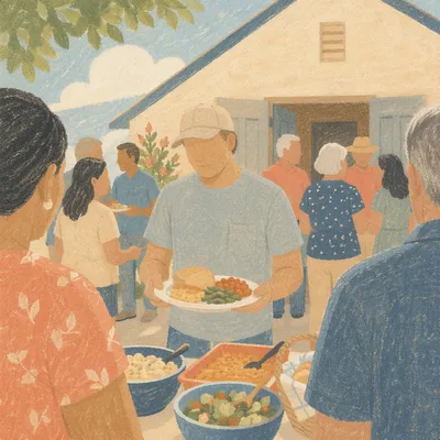 Church Potluck Fellowship in Morning Sunlight