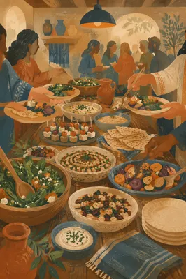 Church Potluck Fellowship Around Rustic Buffet