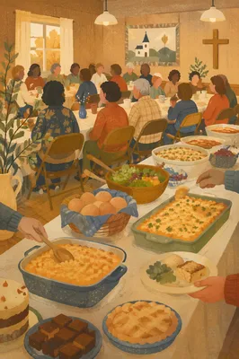 Warm Church Potluck Dinner Fellowship Scene
