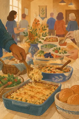 Warm Church Potluck Fellowship Dinner Scene