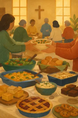 Warm Church Potluck Dinner Fellowship Scene