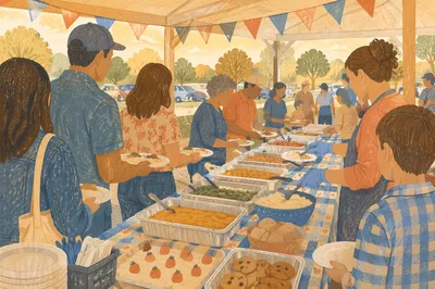 Church Potluck Fellowship Under Sunny Pavilion