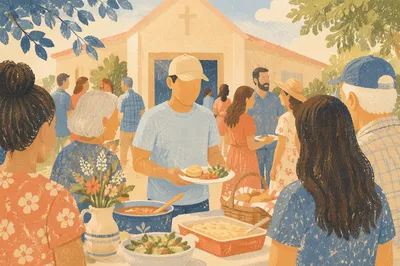 Church Potluck Fellowship in Morning Sunlight
