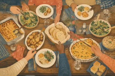 Church Potluck Dinner Fellowship Table Scene