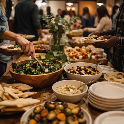 Church Potluck Fellowship Around Rustic Buffet Table