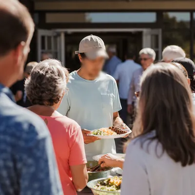 Church Potluck Fellowship in Morning Sunlight