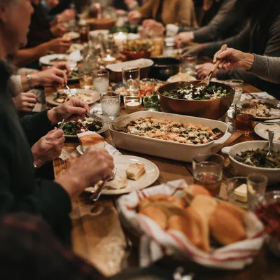 Church Potluck Fellowship Around Rustic Table