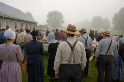 Misty Church Potluck Fellowship on Rural Lawn