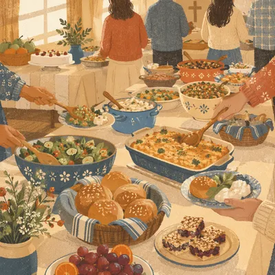 Warm Church Potluck Fellowship Dinner Tables