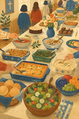 Warm Church Potluck Fellowship Dinner Table