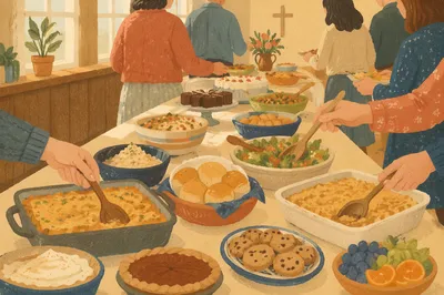 Warm Church Potluck Fellowship Table Scene