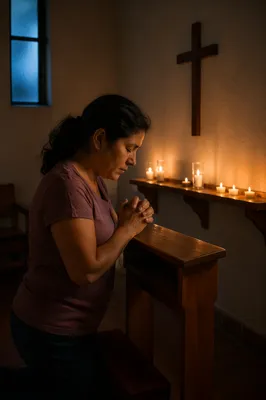 Woman Praying by Candlelit Church Cross