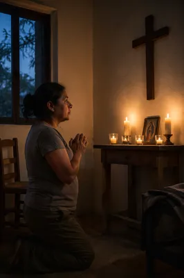 Woman Praying in Candlelit Church Room