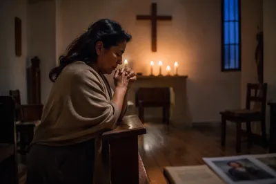 Woman Praying in Quiet Church Room
