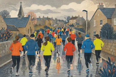 Church Running Fellowship on Rainy Morning Street