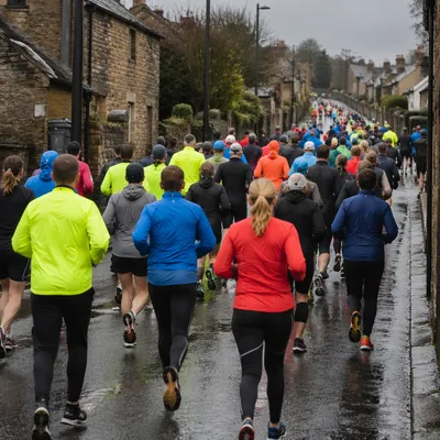 Church Running Fellowship on Rainy Morning Street