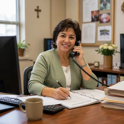 Friendly Office Secretary at Wooden Desk