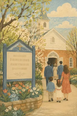 Welcoming Church Sign on Spring Morning