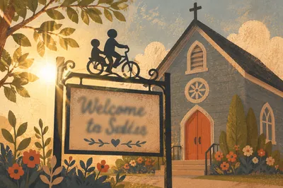 Welcoming Church Sign at Sunset