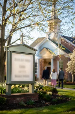 Welcoming Church Sign on Spring Morning