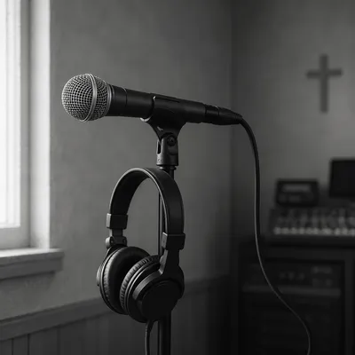 Church Sound Booth Microphone and Headphones