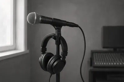 Church Sound Booth Microphone and Headphones