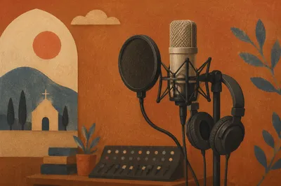 Church Sound Booth Microphone and Headphones