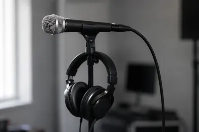 Church Sound Booth Microphone and Headphones