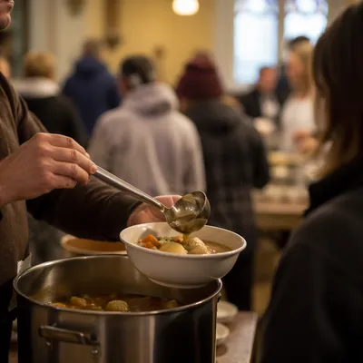 Volunteer Serving Warm Stew at Soup Kitchen