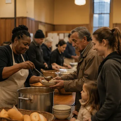 Volunteers Serving Soup in Church Hall