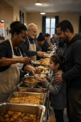 Volunteers Serving Soup in Church Hall
