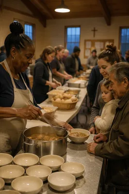 Volunteers Serving Soup in Church Hall