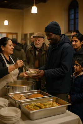 Volunteers Serving Soup in Church Hall