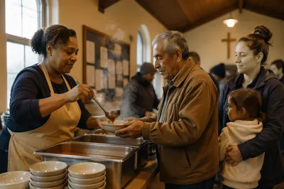 Volunteers Serving Soup in Community Hall