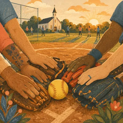 Church Softball Team Prayer Circle at Dusk