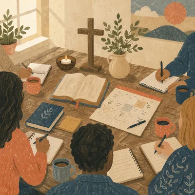 Church Staff Planning Meeting at Wooden Table