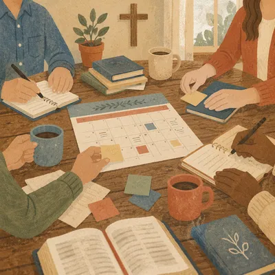 Church Staff Planning Meeting Around Wooden Table