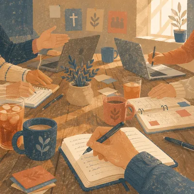 Church Staff Planning Meeting at Rustic Table