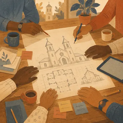 Church Staff Planning Meeting with Architectural Plans
